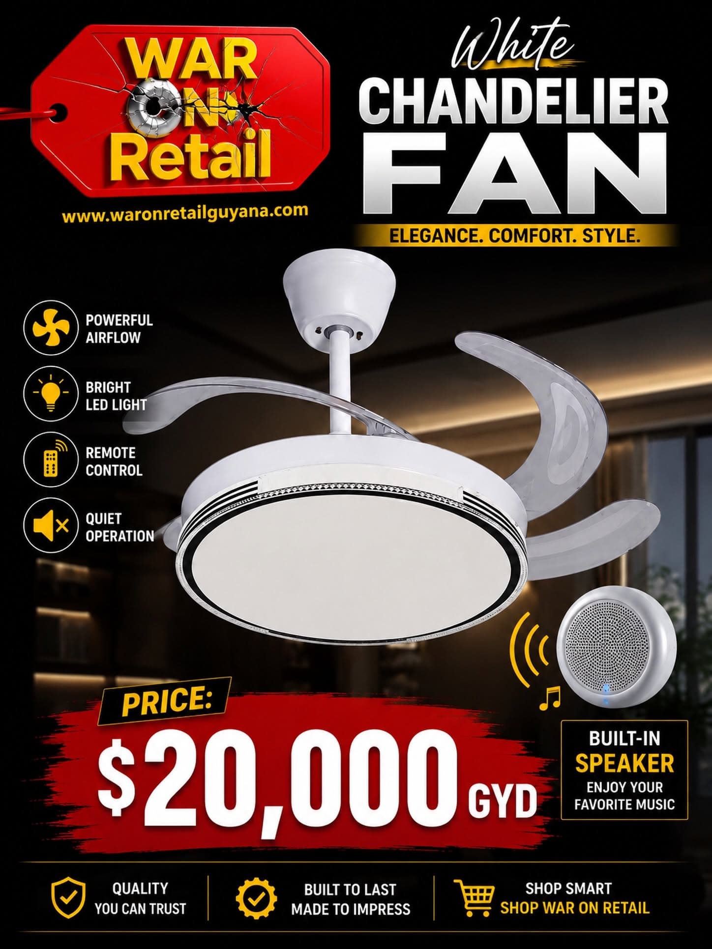 White Chandelier Ceiling Fan with LED Light & Speaker