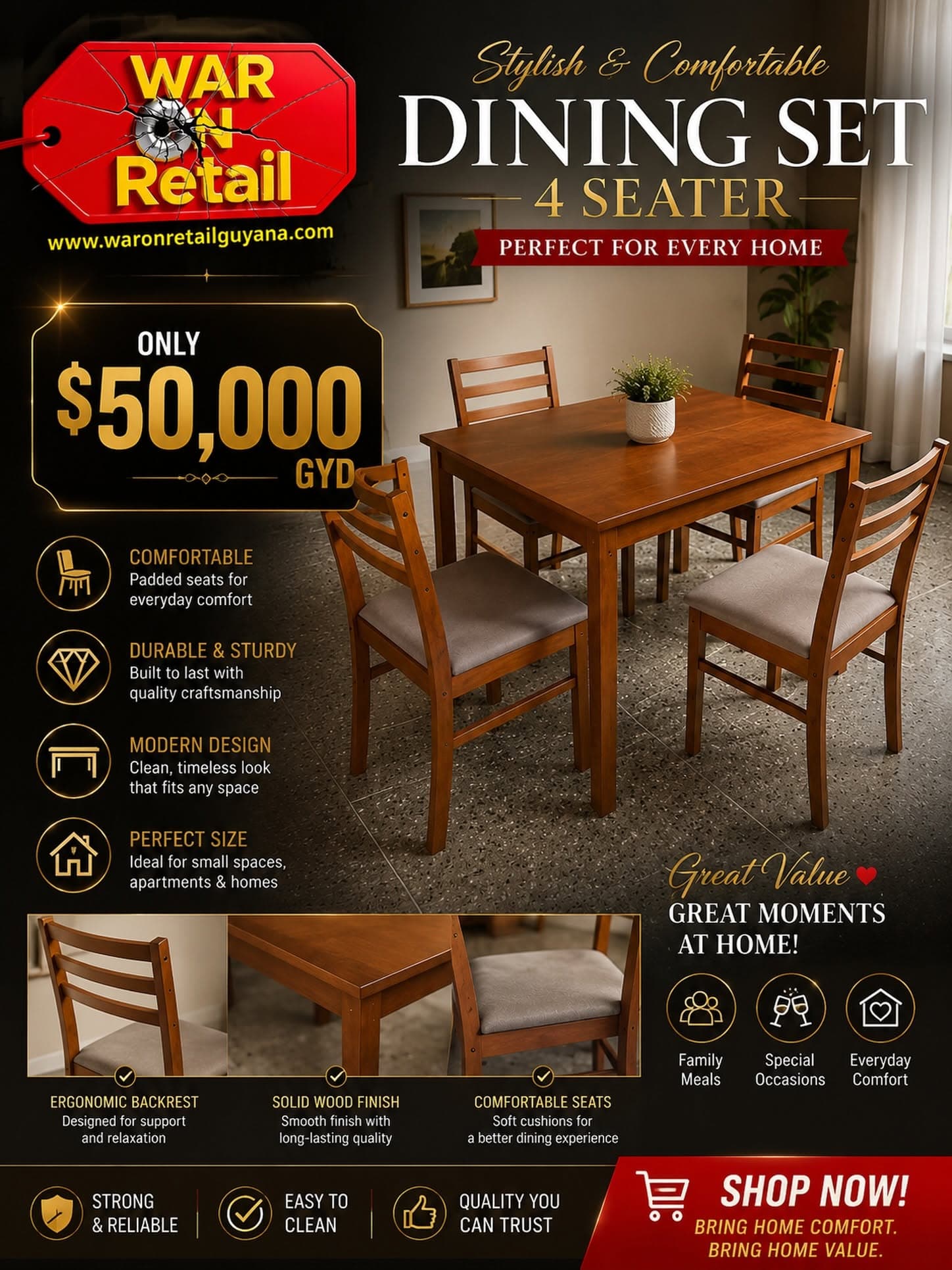 4 Seater Dining Set β Solid Wood Table & Padded Chairs