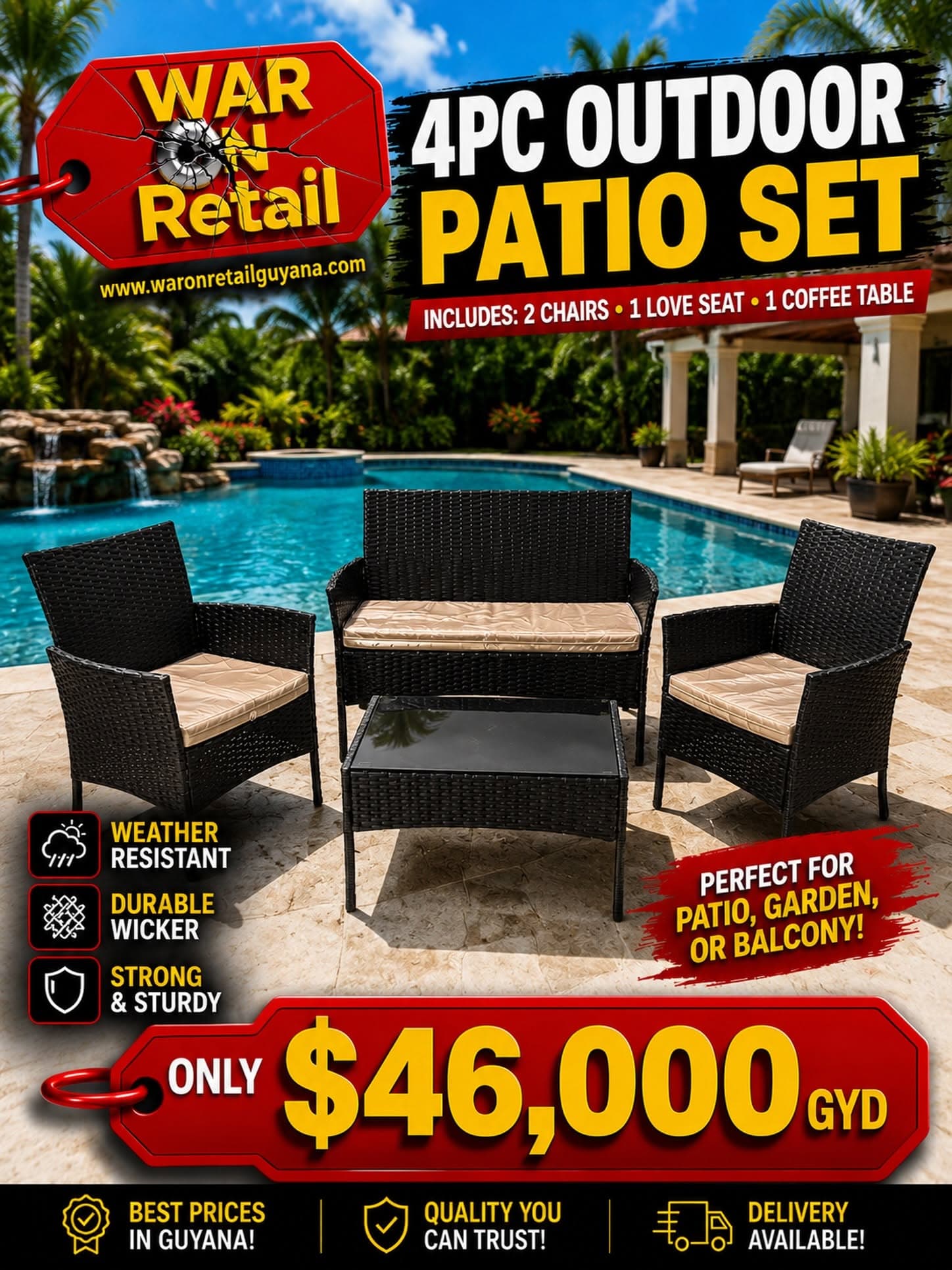 4PC Outdoor Patio Set β Wicker Chairs, Love Seat & Coffee Table