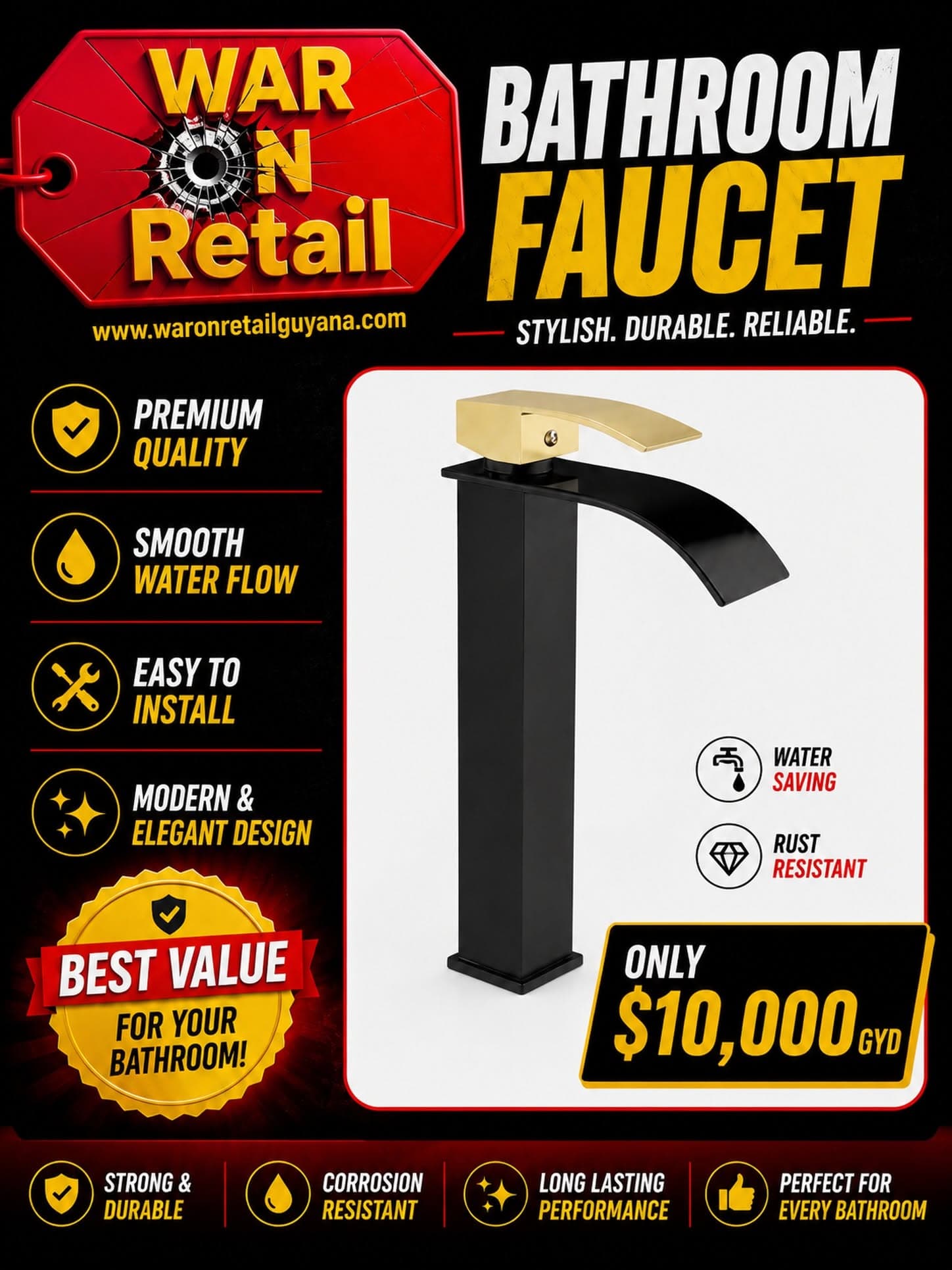 Bathroom Faucet β Black & Gold Waterfall Design