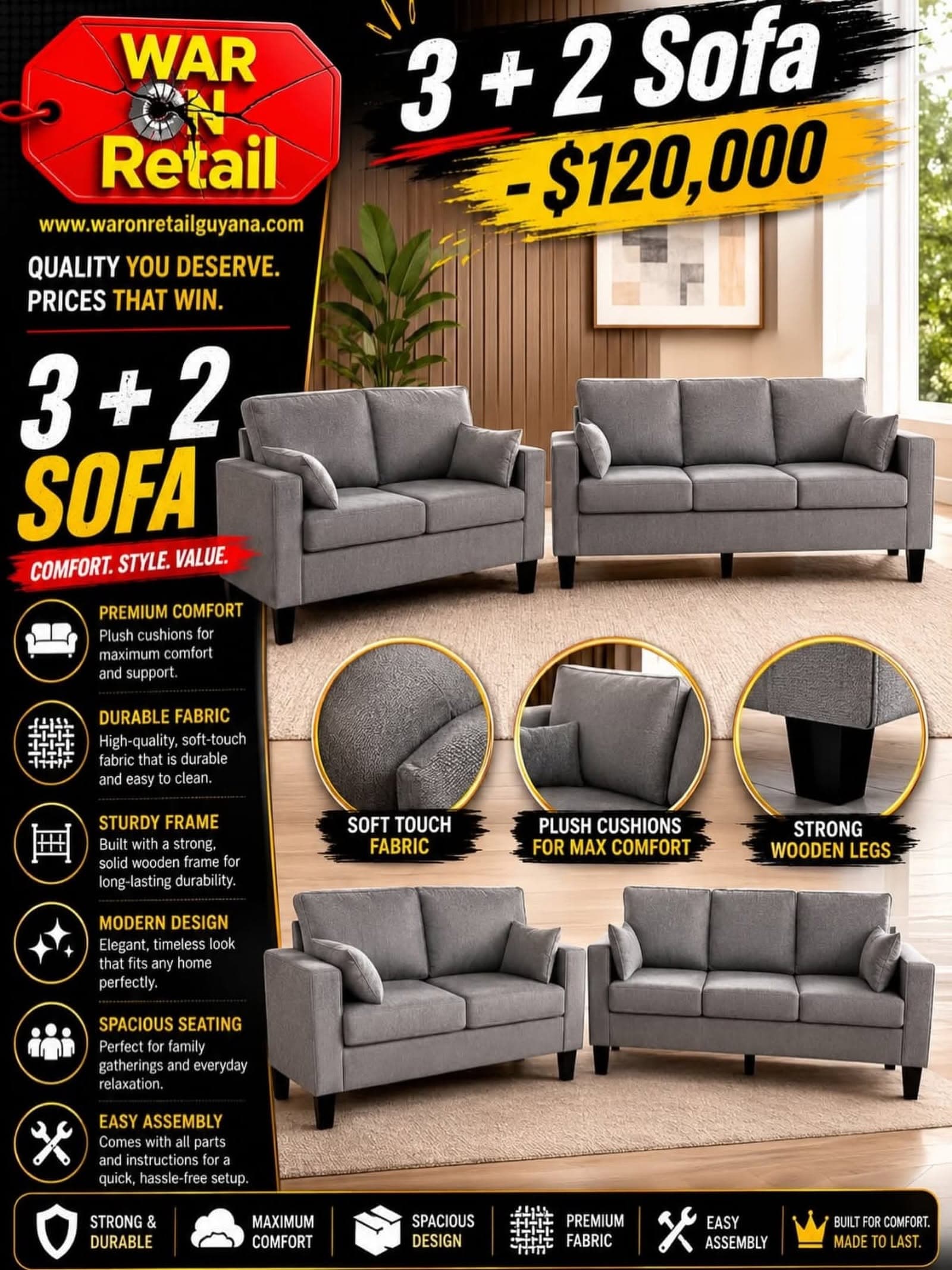 3 + 2 Sofa Set β Grey Fabric Living Room Sofas