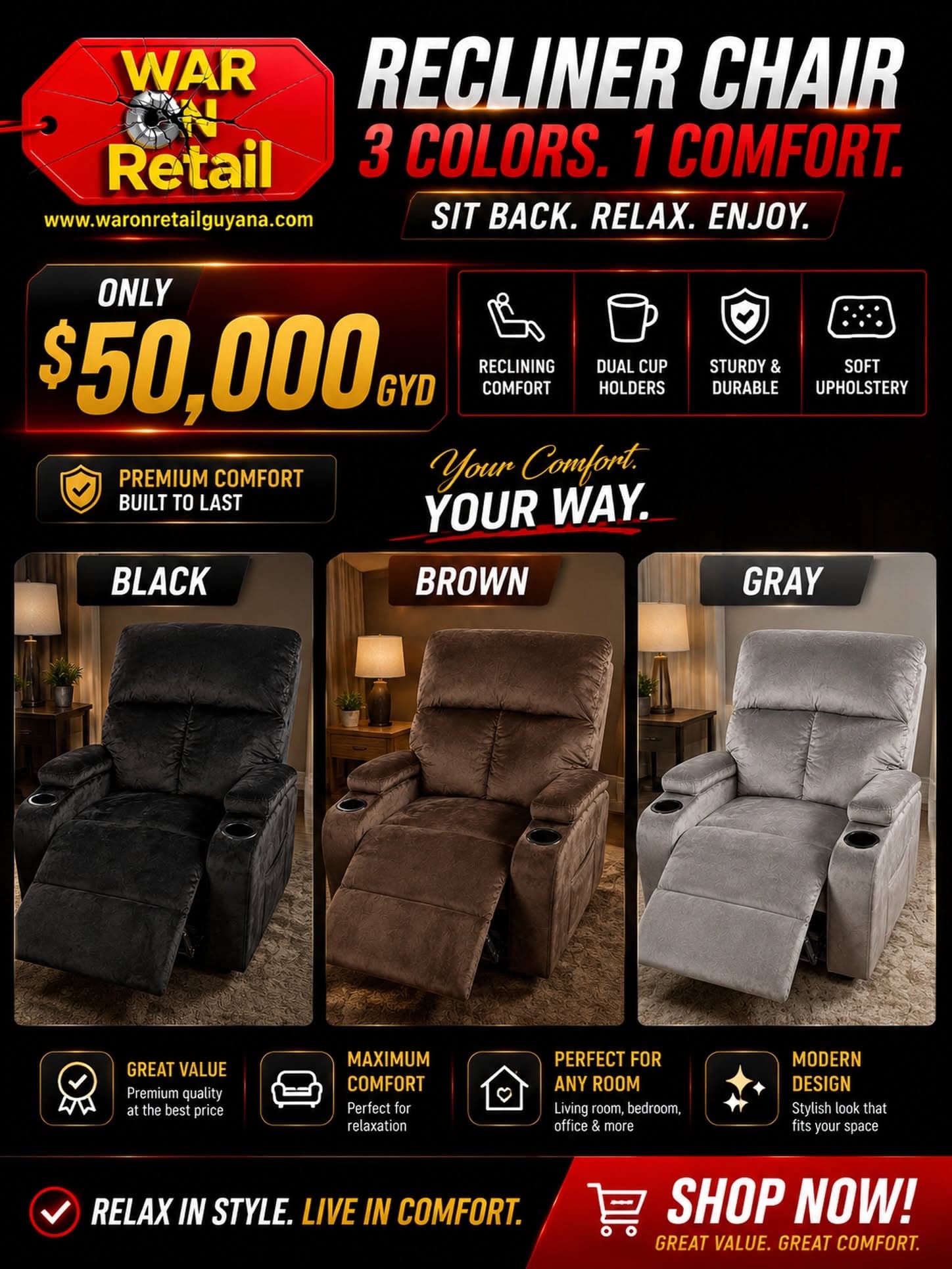 Recliner Chair with Cup Holders β Black, Brown or Gray
