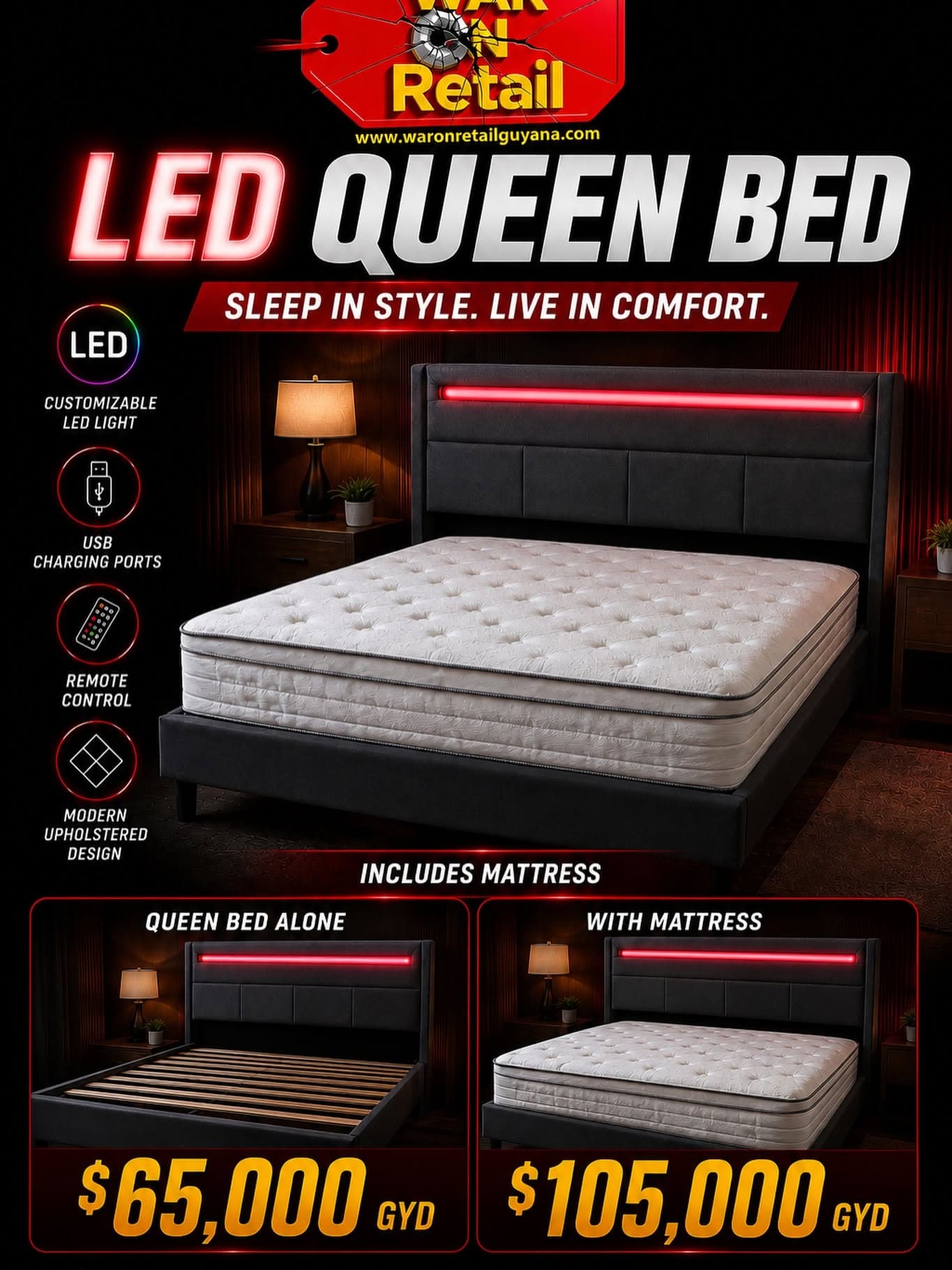 LED Queen Bed with USB Charging Ports β Frame or with Mattress